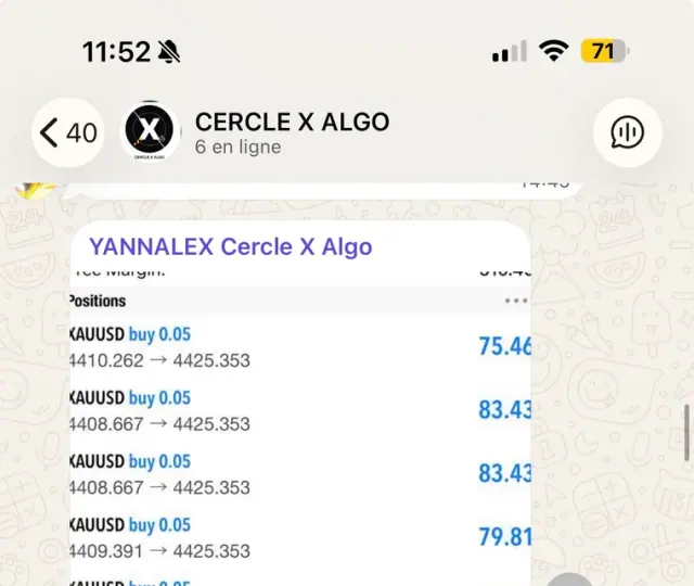 Capture du groupe WhatsApp Cercle X Algo avec une série de positions XAUUSD.