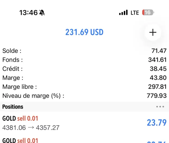 Liste de positions GOLD ouvertes sur MetaTrader par un membre.